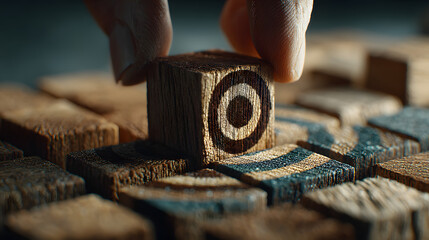 Conceptual Close-Up Shot of Wooden Blocks with Target and Hand Placement