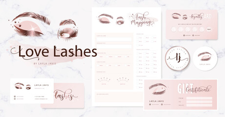 Luxury Rose Gold Eyelash Extension Branding Kit. Beauty Salon Stationery Set Including Lash Mapping Form, Business Cards, Loyalty Card, and Gift Certificate for Lash Stylist by Layla Javis