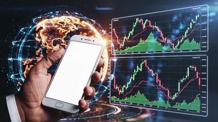 Hand holding smartphone with blank screen against futuristic global data visualization and stock market charts - Powered by Adobe