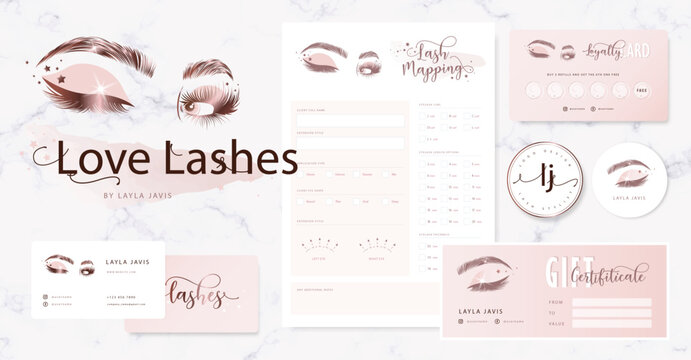 Luxury Rose Gold Eyelash Extension Branding Kit. Beauty Salon Stationery Set Including Lash Mapping Form, Business Cards, Loyalty Card, and Gift Certificate for Lash Stylist by Layla Javis
