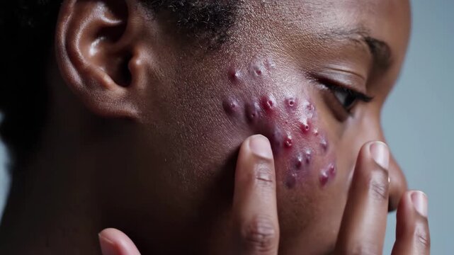 Closeup of person with severe acne touching inflamed cystic pimples on forehead near eye