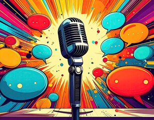 A vibrant illustration of a microphone surrounded by colorful speech bubbles, symbolizing communication and expression.