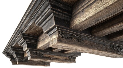 Detailed view of an aged wooden beam structure with intricate carvings