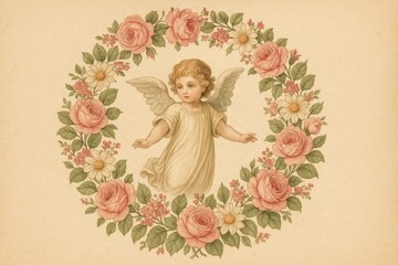 Fototapeta premium Vintage angel floral wreath background