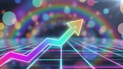 Neon gradient arrow chart with upward trend line on futuristic grid background with bokeh lights. Digital visualization of business growth, financial performance analytics, and market statistics - Powered by Adobe