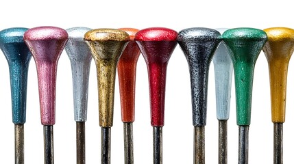 A colorful arrangement of golf tees standing in a neat row
