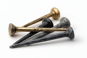 A collection of antique metal tacks and nails in varying finishes