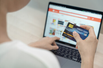 Woman use shopping online by credit card, stay home, technology, electronic commerce, internet, market place ,digital, credit, electronic delivery, business,  modern, ordering, privacy