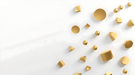 Abstract golden 3D geometric shapes scattered on a white background, minimal luxury design.