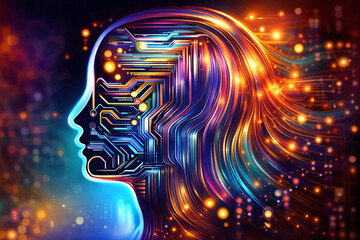 AI generated futuristic female digital mind with flowing electronic circuits and glowing energy symbolizing artificial intelligence creativity emotion and future technology