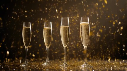 Four champagne flutes filled with bubbly drink on a sparkling gold surface.