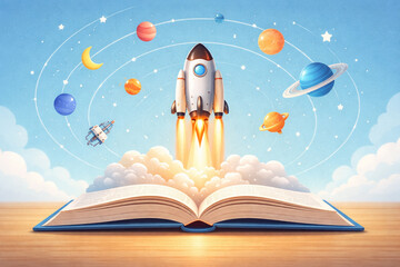 AI generated image of an open book launching a rocket into space with planets orbits and stars representing education learning imagination growth and endless opportunities