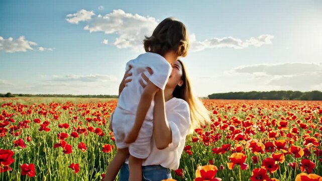 Joyful mother lifting child up in a vibrant field of red poppies under a sunny blue sky