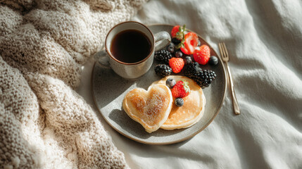 Romantic breakfast in bed with heart shaped pancakes and berries