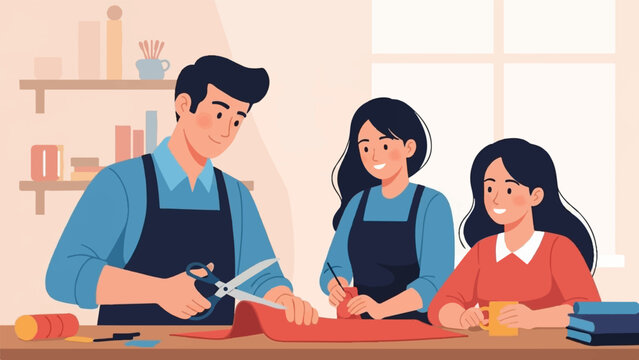 A group of people happily crafting together in a workshop, cutting fabric and working on projects