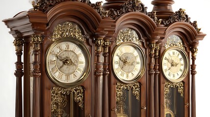 An ornate vintage wooden clock with multiple faces and gilded details