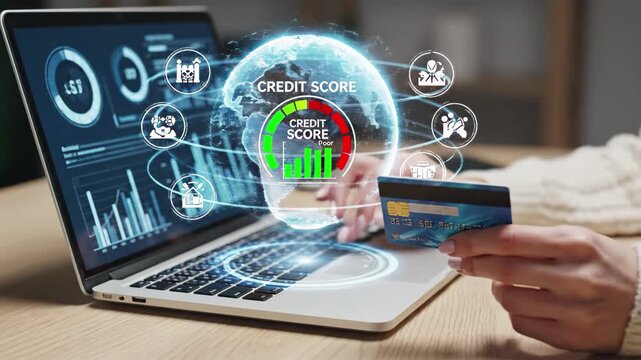 Online credit score checking and financial data analysis on laptop with credit card