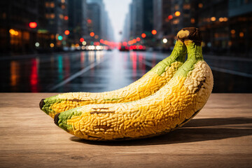 AI generated surreal still life of textured bananas on wooden surface with rainy city street bokeh background urban contrast mystery transformation and clean copy space
