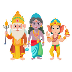 Indian Gods Set, Agni, Ganesha, Indra Idols Cartoon Vector Illustration