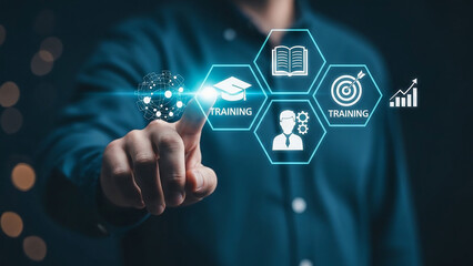 Businessman touching digital screen with training and education icons