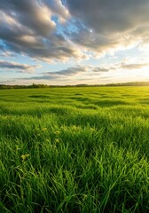 Obraz premium Vibrant Green Field at Sunset Under a Cloudy Sky