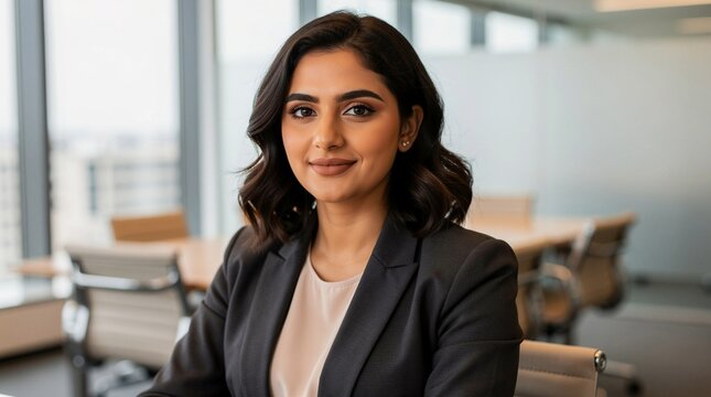 Headshot portrait of a young and confident Arab female without a hijab in a modern conference room.