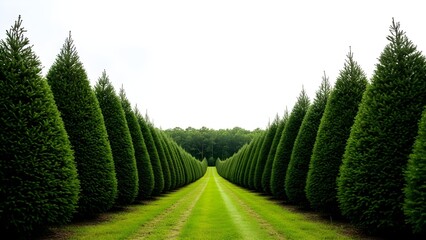 A long, straight path lined with evenly trimmed conical evergreen trees on both sides, leading to a distant forest under a bright overcast sky.