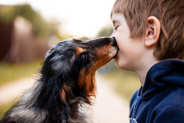 Close up portrait of  long-haired black-and-tan dachshund nuzzling child&rsquo;s cheek. Heartfelt everyday connection between family pet and child, emotional moment.