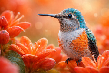AI generated hummingbird resting among orange red flowers with vibrant turquoise and orange feathers sharp eye soft bokeh background expressing nature beauty balance and gentle wildlife harmony