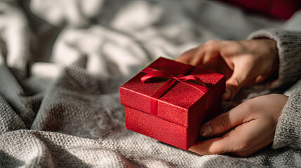Hands holding a red gift box on a cozy blanket for Valentine's Day