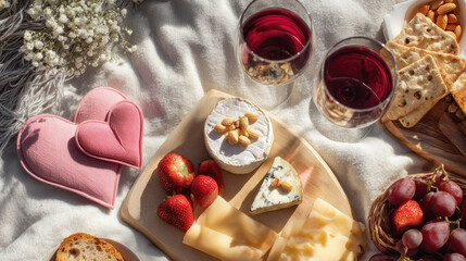 Valentine's Day picnic with cheese, wine, and heart-shaped fruit