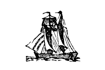 A two-masted schooner with fore-and-aft sails and detailed rigging, showing efficient sailing vessel design for coastal trade and fishing missions, old vintage illustration, 1897. © Timofeeff