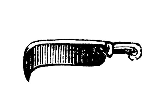 A serpe billhook tool with curved blade and wooden handle, showing traditional cutting implement for agricultural and woodworking tasks, old vintage illustration, 1897