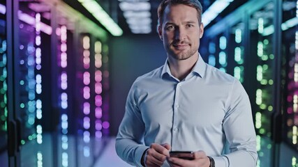 Professional it specialist in modern server room with illuminated equipment racks. Technology expert in datacenter environment for network infrastructure, database management, cloud computing, digital