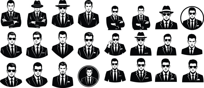 Set of diverse black silhouette men in suits, formal portraits and icon collection
