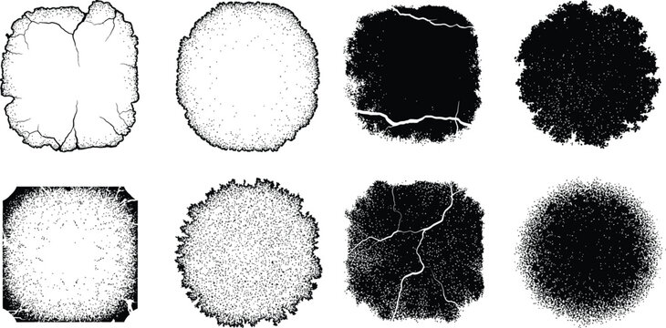 Set of eight unique grunge splatter stain elements for distressed effects and textures