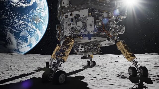 Uncrewed lunar lander on the moons surface with earth visible in the black sky