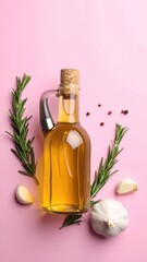 Olive oil, garlic, and rosemary still life