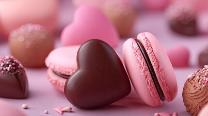 Close-up of pink macarons and heart-shaped chocolates on a pink background