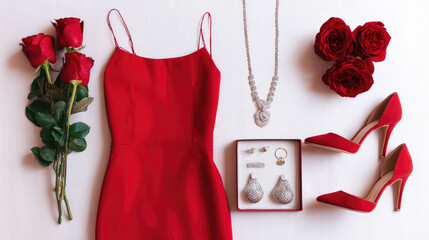Valentine's Day red dress with sparkling jewelry and roses