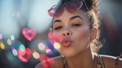 Woman wearing heart sunglasses blows a kiss with bokeh lights