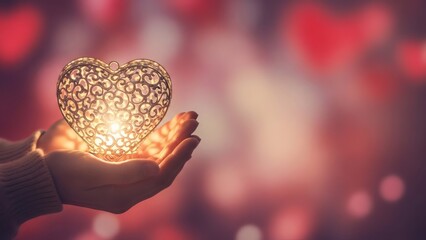 Happy Valentines Celebration with Heart-Shaped Decoration in Hand on Blurred Background