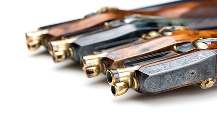 Close up of vintage firearms with intricate detailing and polished metal finishes