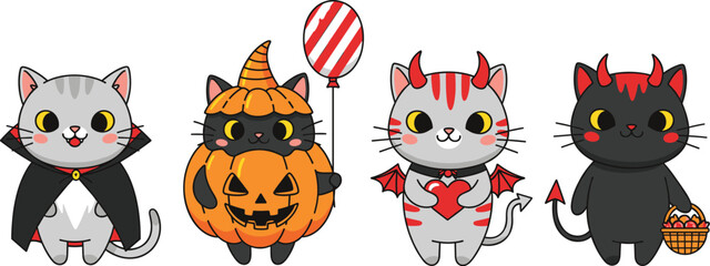 Cute Halloween cats in costume vector set with vampire pumpkin devil outfits candy and festive cartoon characters