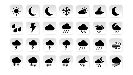 A collection of various weather icons on a black background