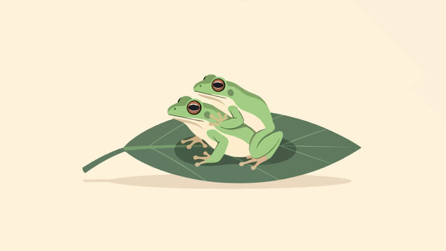 A minimalist illustration of two green tree frogs mating on a single leaf against a cream background.