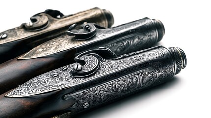 Detailed close up view of ornate antique double barreled shotgun components