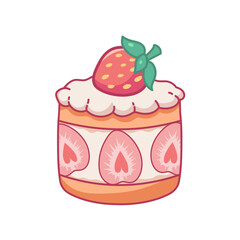 Kawaii strawberry cream pastry. Sweet dessert with whipped cream and strawberries. Vector illustration in Japanese style