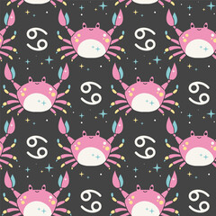 Seamless star pattern with Cancer zodiac sign. Crab symbol and constellation on dark background. Repeat decorative tile