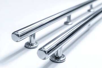 Close up view of polished chrome bathroom grab bars against a white background